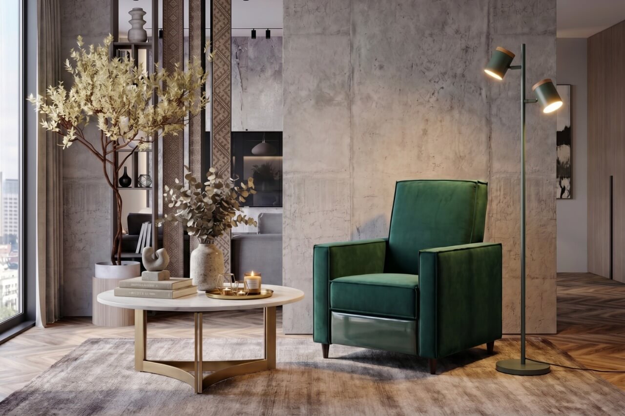 Журнальный столик Кассия в зоне отдыха с креслом Velare и торшером Moderli Asheswood