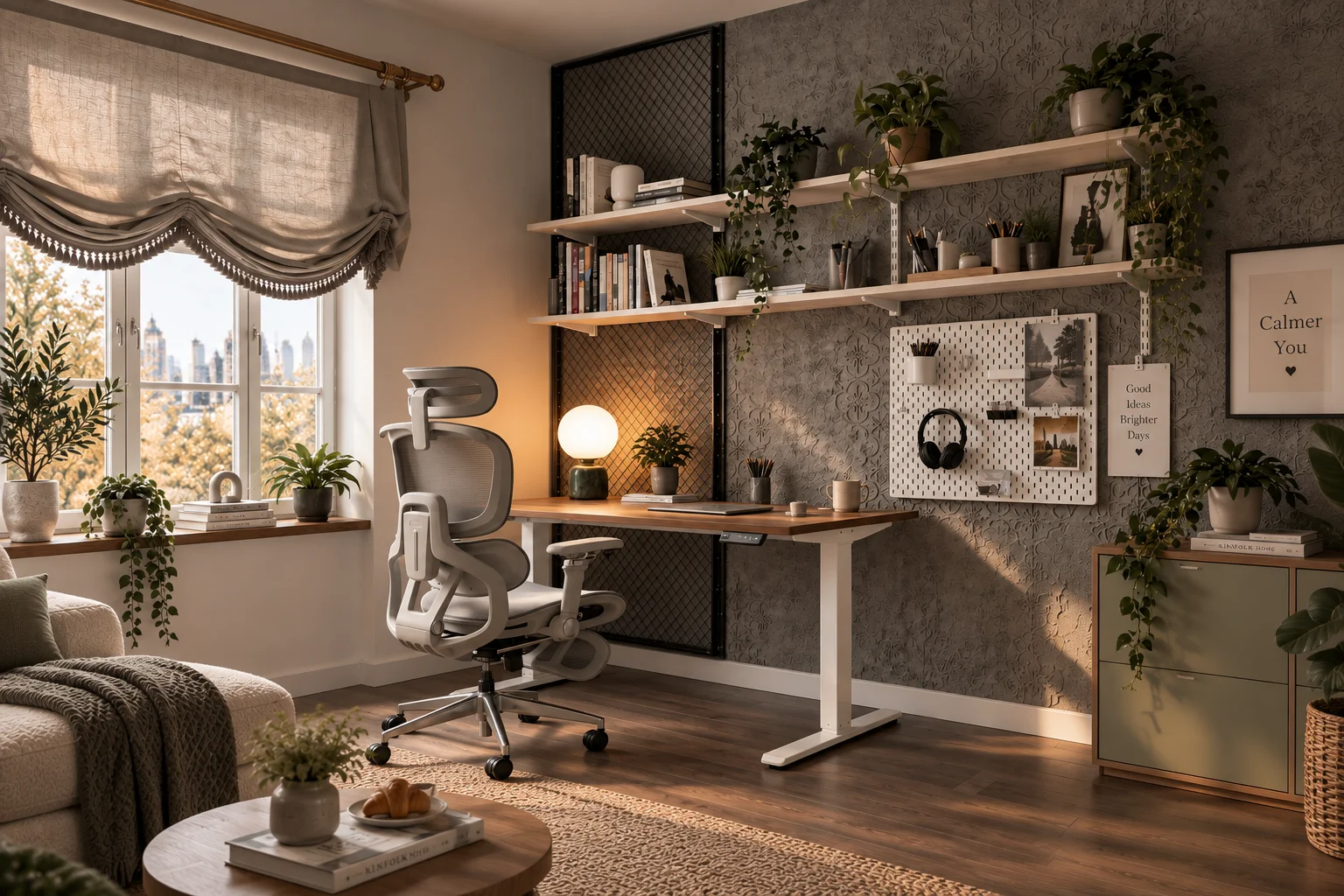 Кресло с адаптивной спинкой TopChairs Prodigy в уютном домашнем офисе Домашний офис у окна с тканевой шторой, деревянными полками, растениями и настенным органайзером; светлое кресло с адаптивной спинкой TopChairs Prodigy у рабочего стола.