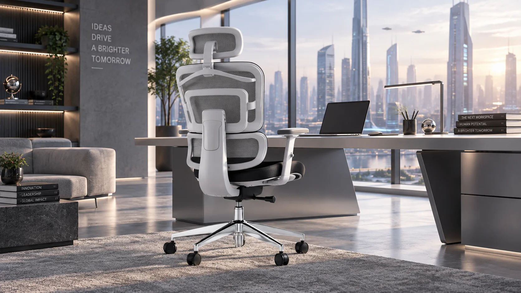 Кресло с адаптивной спинкой TopChairs Techno Professional в современном офисе Современный офис с панорамными окнами, серым диваном, подсвеченными полками и столом с ноутбуком; светлое кресло с адаптивной спинкой TopChairs Techno Professional на ковре.