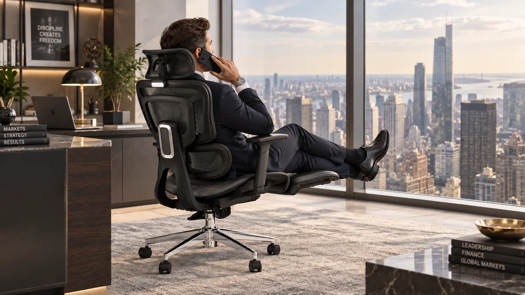 Кресло с адаптивной спинкой TopChairs Structo в панорамном кабинете Кабинет с панорамным видом на город, тёмным письменным столом, книжными полками и ковром; мужчина сидит в чёрном кресле с адаптивной спинкой TopChairs Structo.