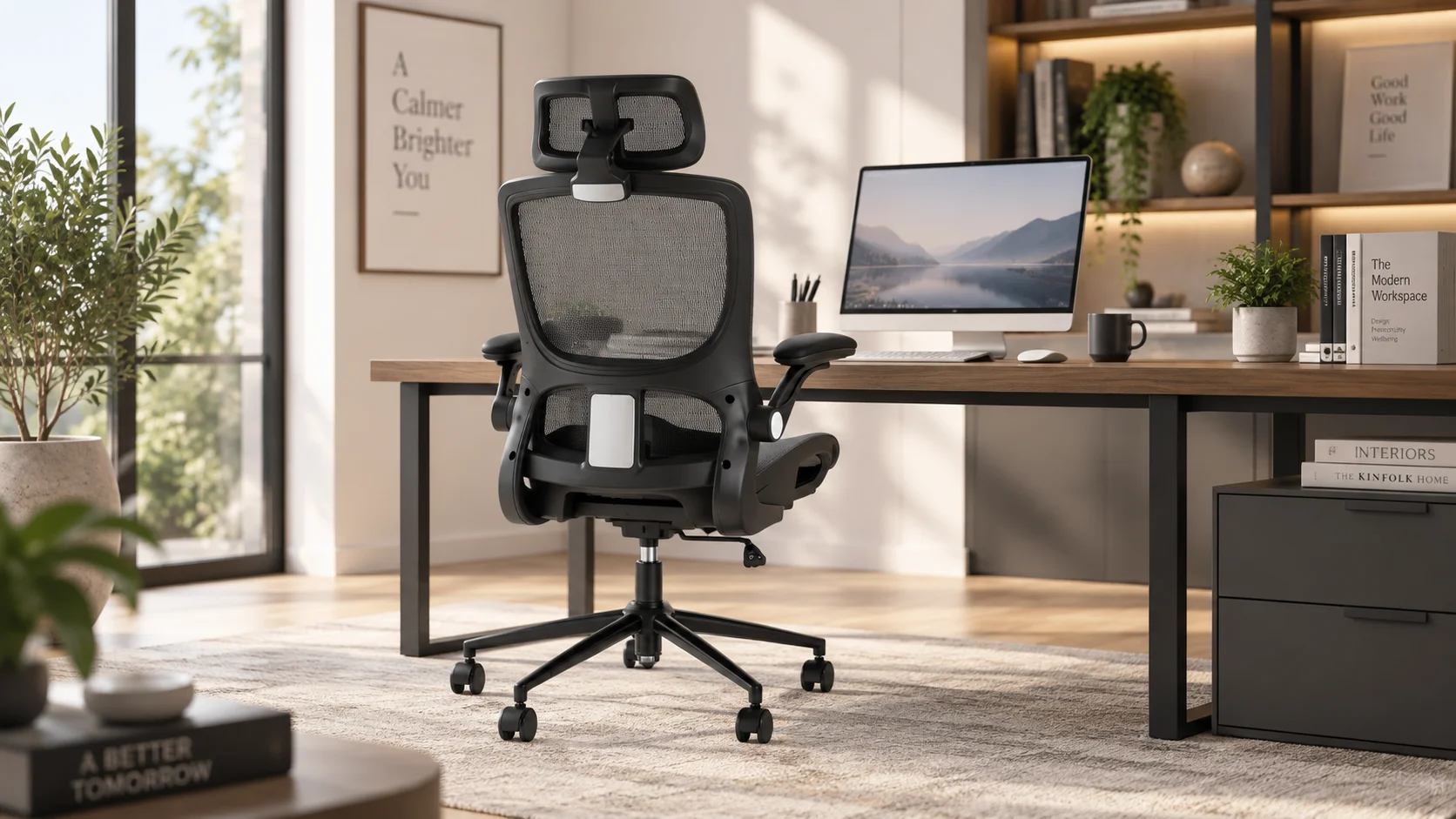 Кресло с адаптивной спинкой TopChairs Tactus в светлом домашнем кабинете Светлый домашний кабинет с большим окном, деревянным столом, монитором и растениями; чёрное кресло с адаптивной спинкой TopChairs Tactus у рабочего места.