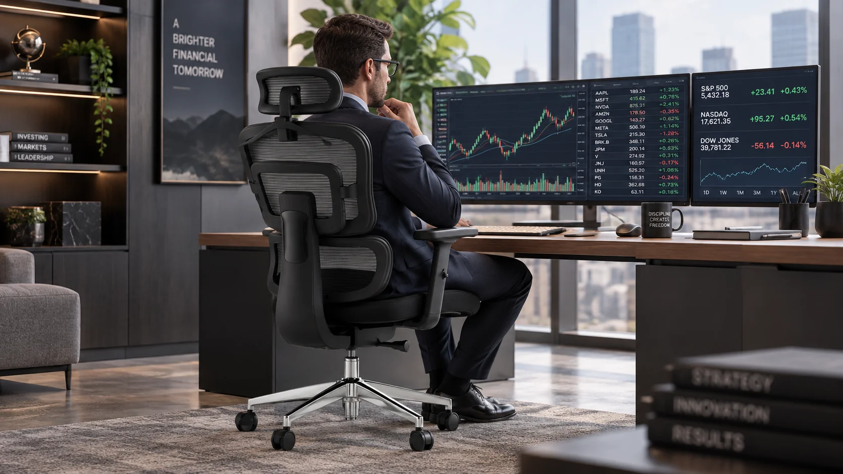 Кресло с адаптивной спинкой TopChairs Techno в кабинете с мониторами Современный кабинет с панорамным окном, деревянной столешницей и несколькими мониторами с графиками; мужчина работает в чёрном кресле с адаптивной спинкой TopChairs Techno.