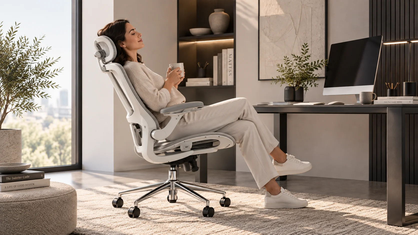 Кресло с адаптивной спинкой TopChairs Vertus в кабинете у окна Кабинет в бежевых тонах с панорамным окном, тёмным столом и подсвеченными полками; женщина отдыхает в светлом кресле с адаптивной спинкой TopChairs Vertus.