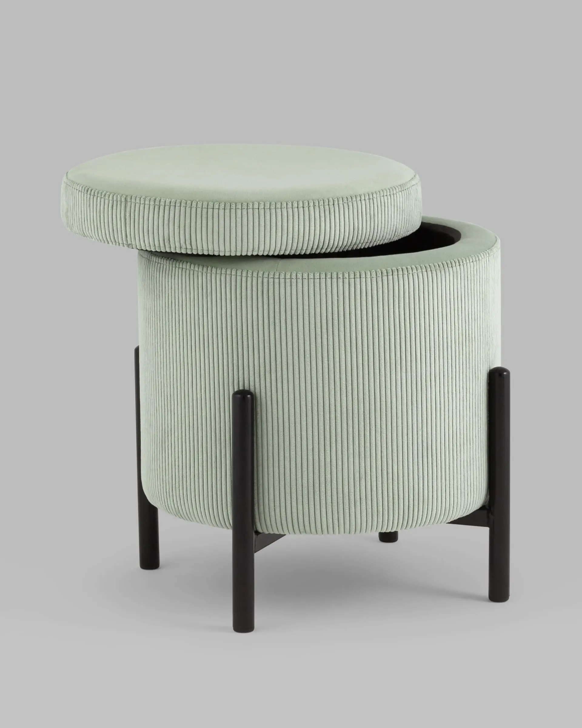 Пуф Дали с ящиком велюр бледно-зелёный на черных ножках