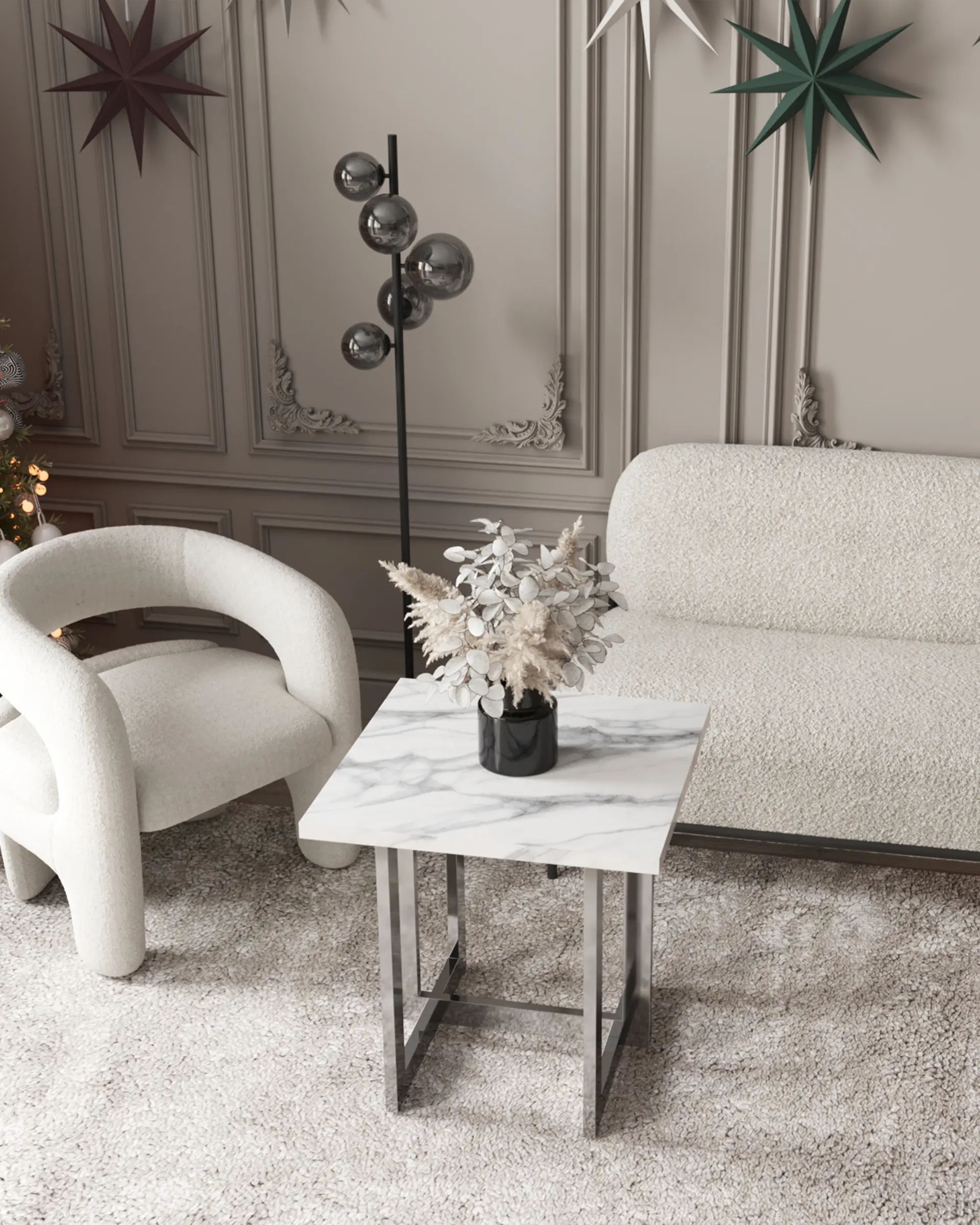 Журнальный столик Нэйтан 61*61 белый мрамор сталь темный хром