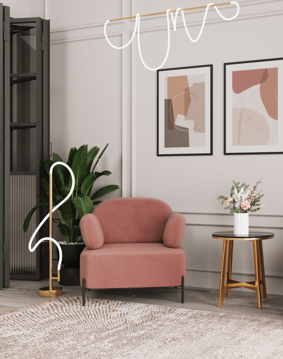 Кресло Кэнди, Журнальный столик Альба, Светильник подвесной True, Напольный светильник True