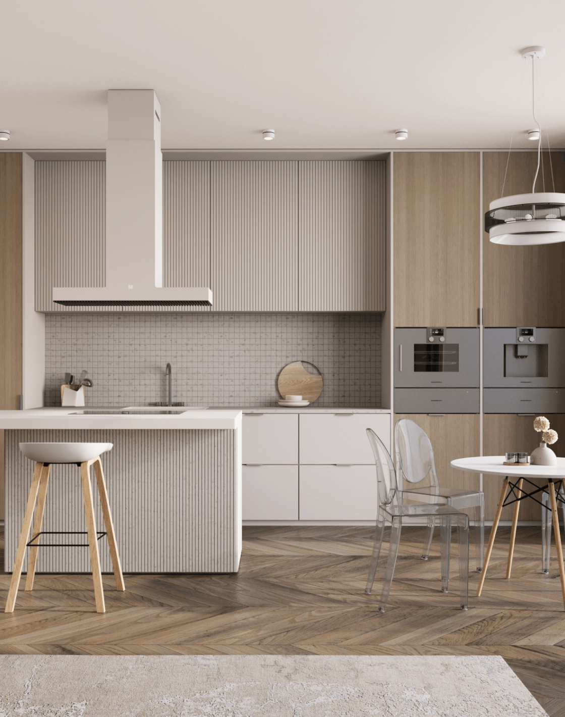 Стол DSW D90, Стул Victoria Ghost, Стул барный LIBRA SOFT, Люстра подвесная Gela