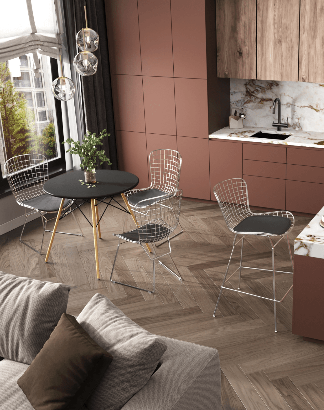 Стол DSW, Стул Bertoia, Стул барный Bertoia, Светильник подвесной Samitra