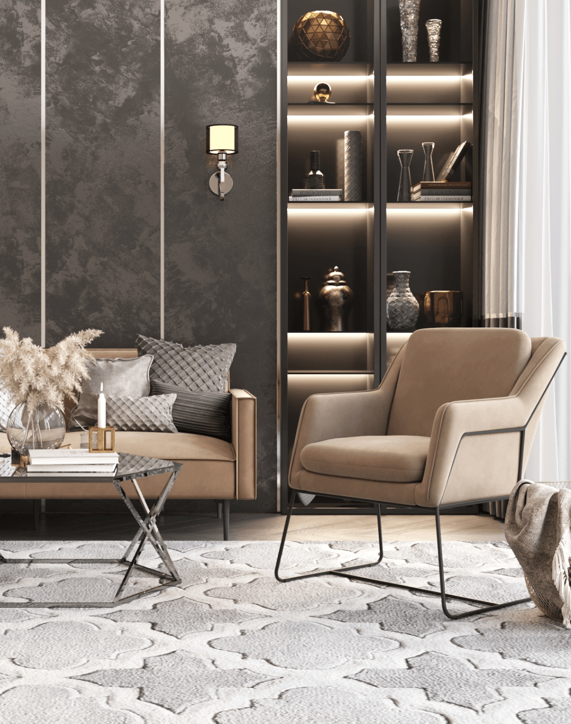 Бра Dark, Диван Кассель, Кресло Роланд, Журнальный столик Круз