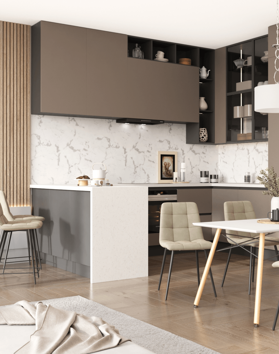 Стол DSW, Стул Одди, Стул полубарный Джанго, Светильник подвесной Macadamia