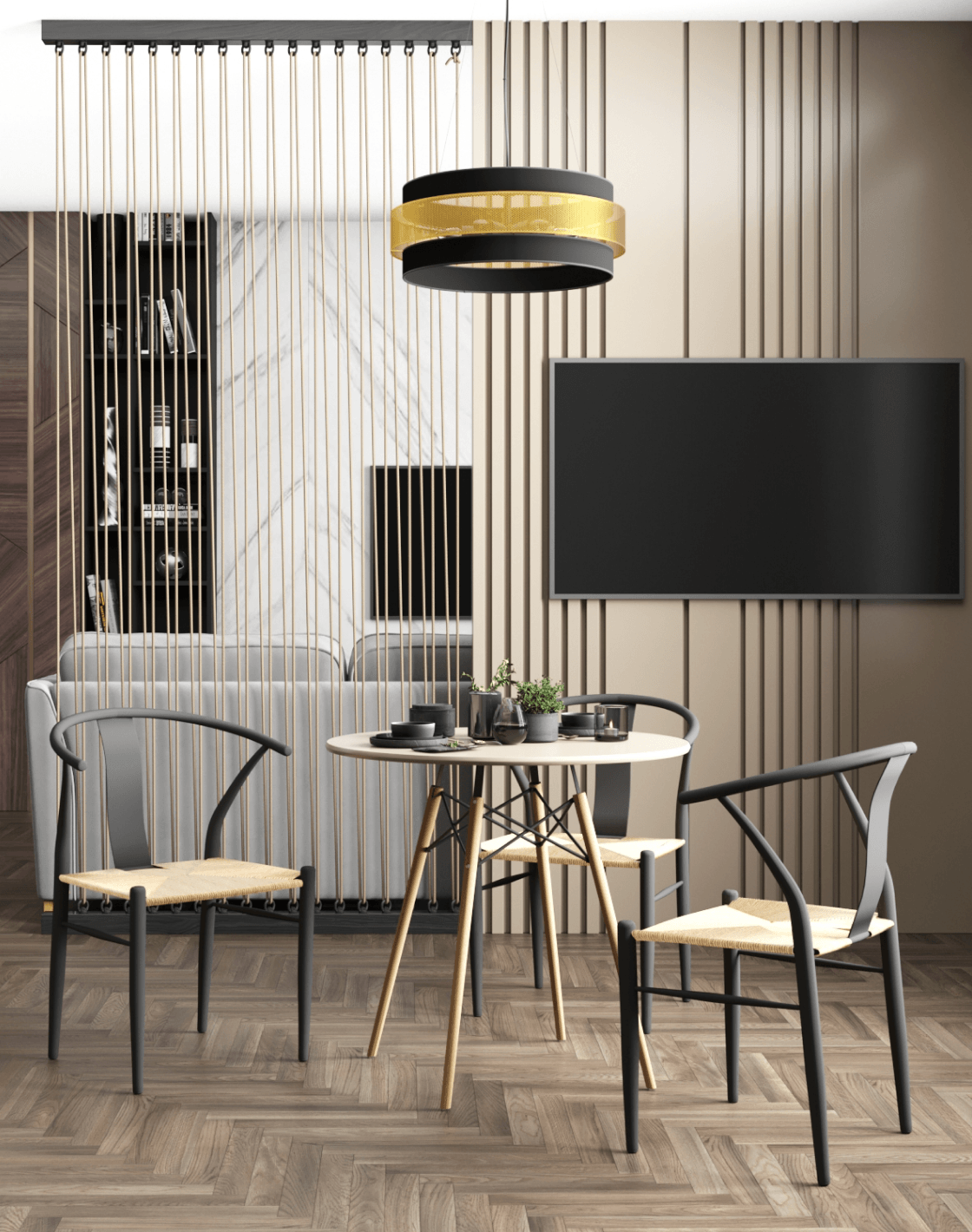 Стол DSW, Стул Wishbone Style, Люстра подвесная Gela