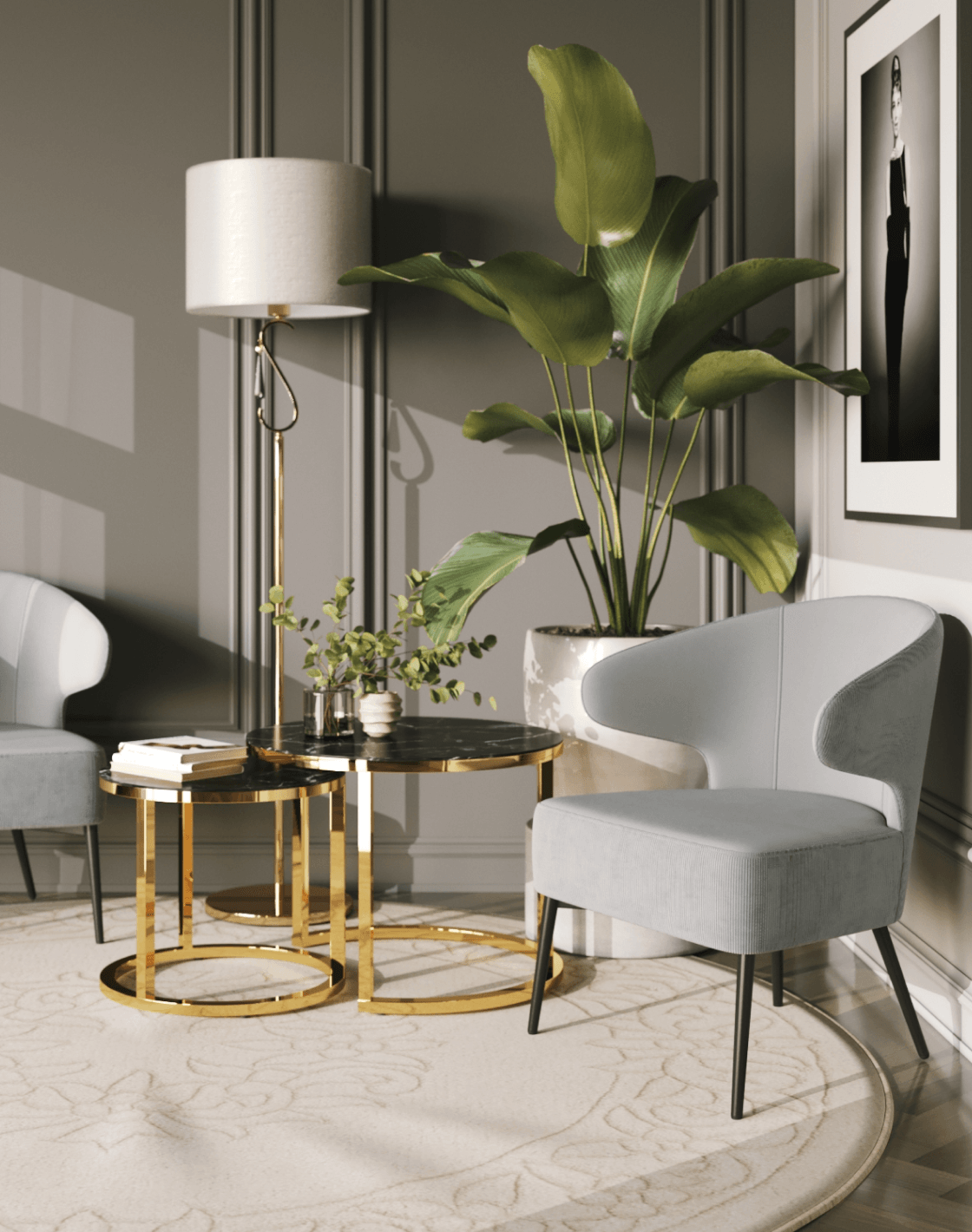 Торшер Caramel, Кресло Royal Stripes, Набор журнальных столиков Селена