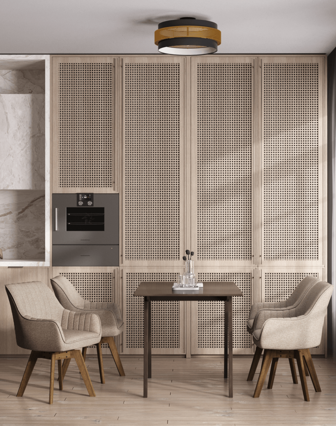 Стол GUDI, Стул MANS, Светильник потолочный Gela