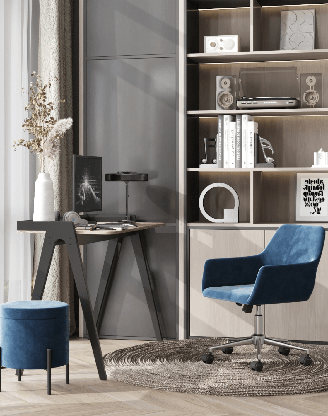 Пуф Грейс, Кресло офисное Ross, Стол письменный Pyramid