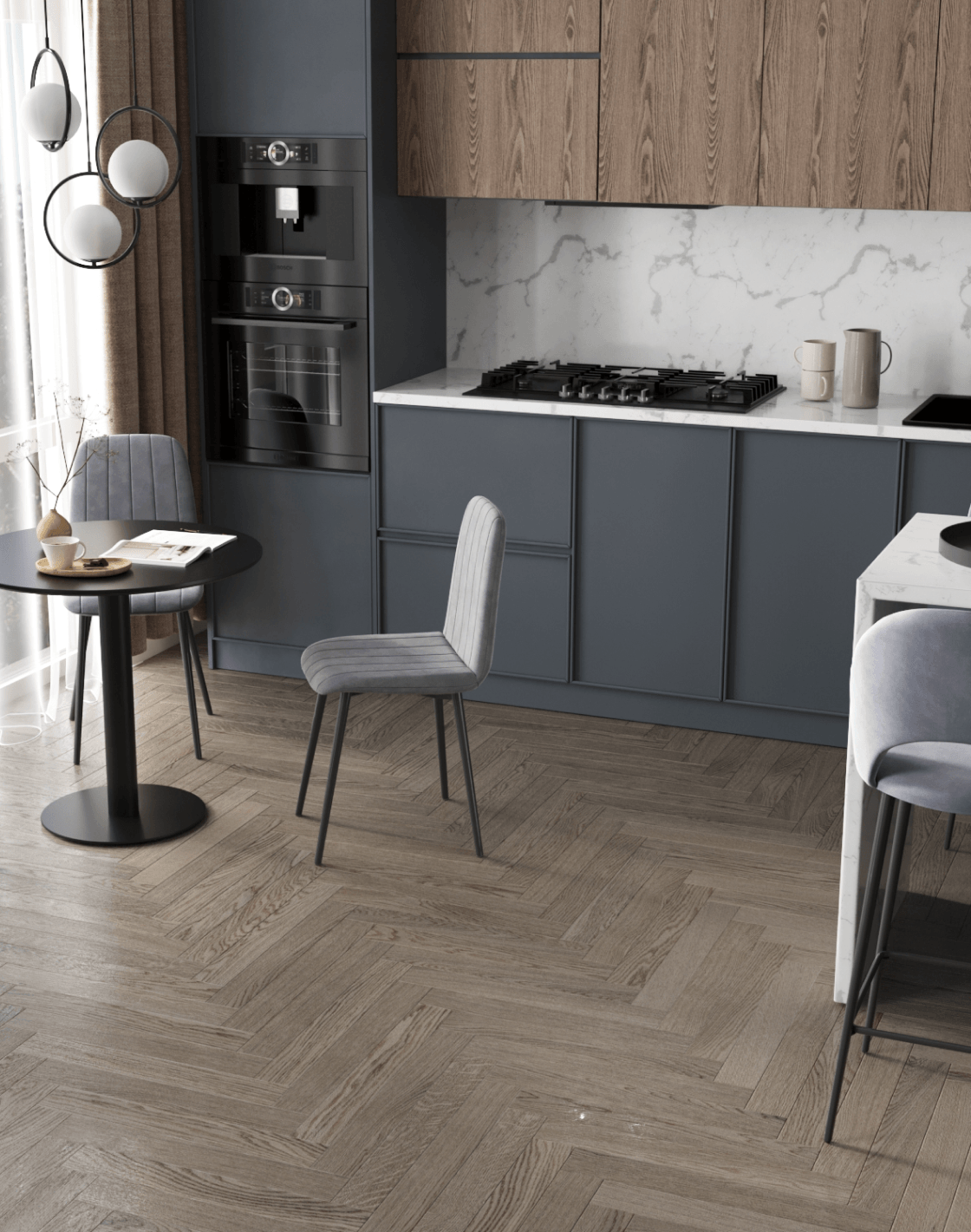 Стул Easy, Стол Толедо, Стул барный Меган, Светильник подвесной Barocco