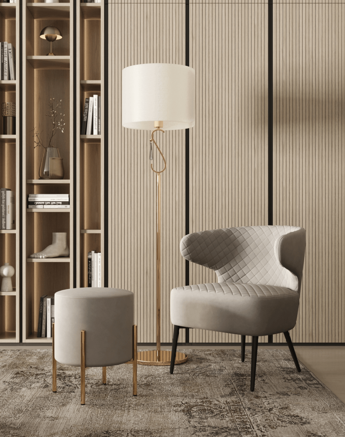 Пуф Кейси, Кресло Royal, Торшер Caramel 