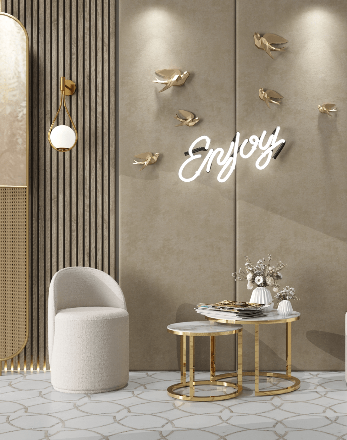 Пуф Loreen, Настенный светильник Barocco, Набор журнальных столиков Селена 