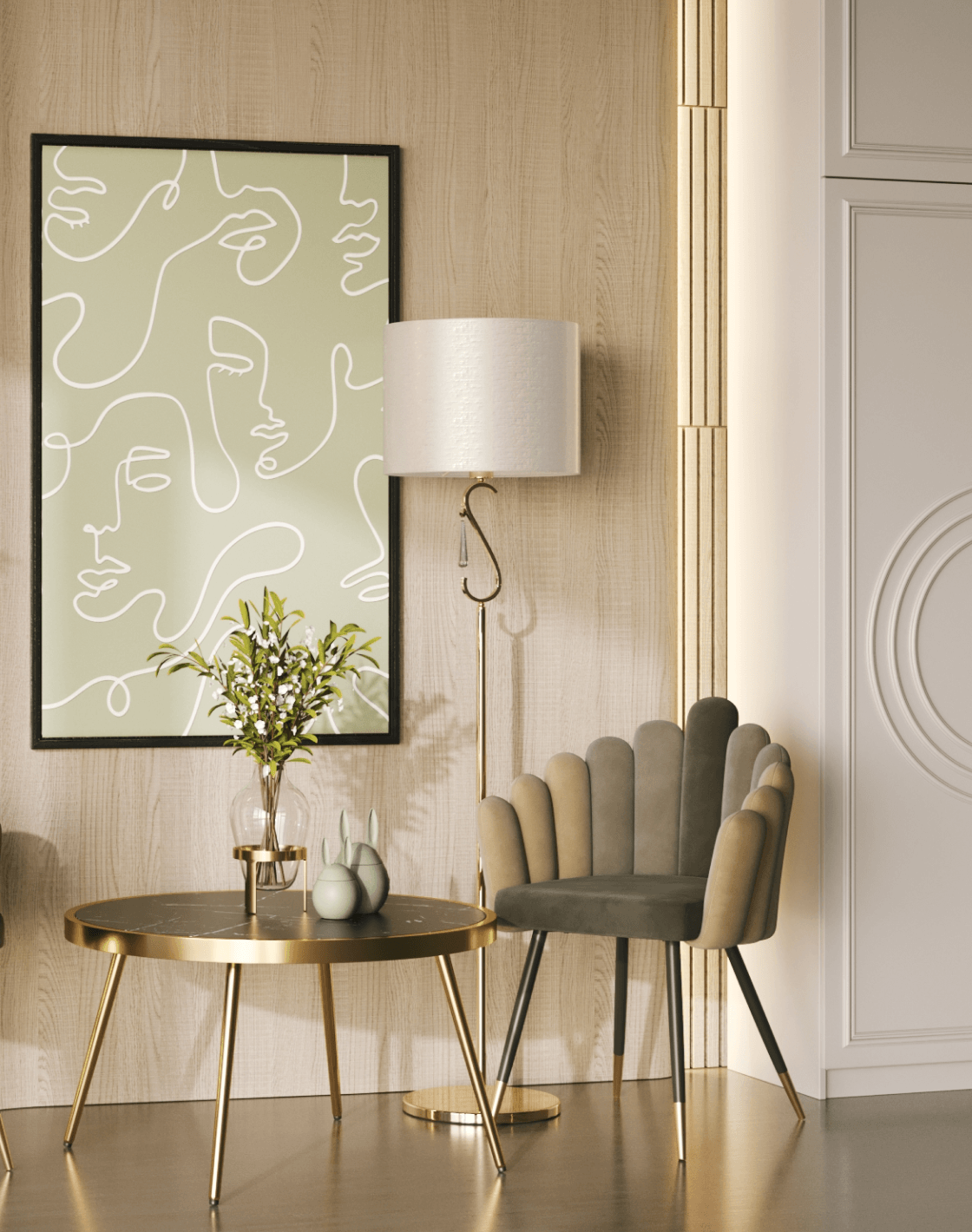 Кресло Камелия, Торшер Caramel, Журнальный столик Гелиос