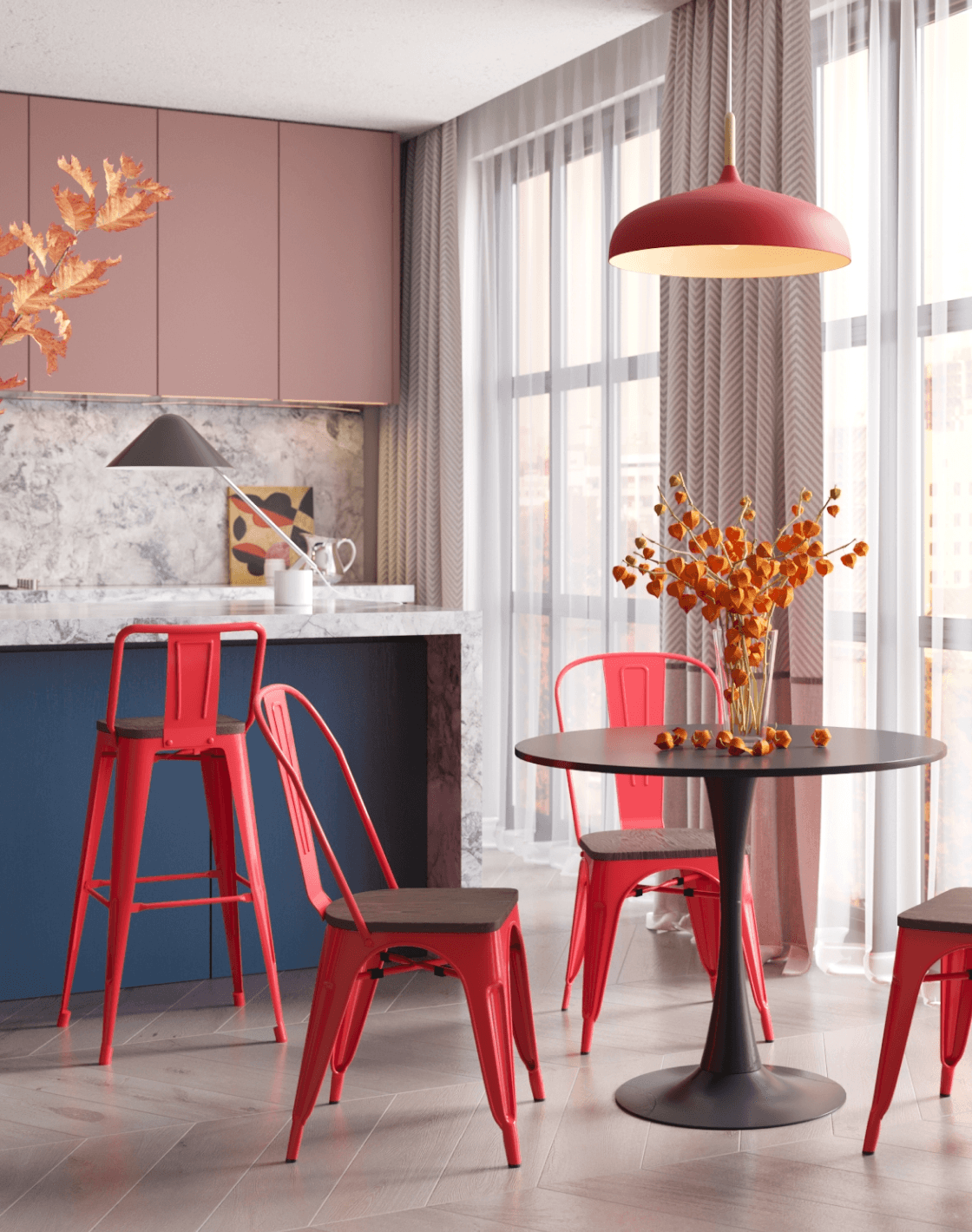 Стол Tulip, Стул TOLIX WOOD, Светильник подвесной Hygo, Стул барный TOLIX WOOD