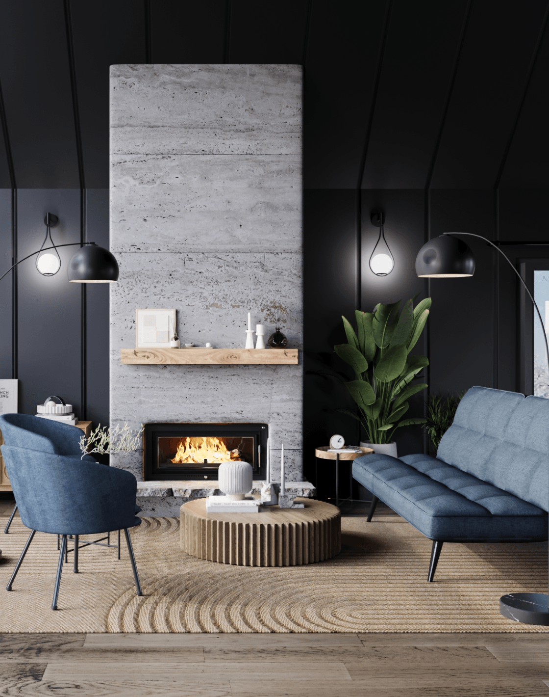 Торшер Arco, Диван Фьорд, Кресло Декстер, Журнальный столик Стар, Настенный светильник Barocco