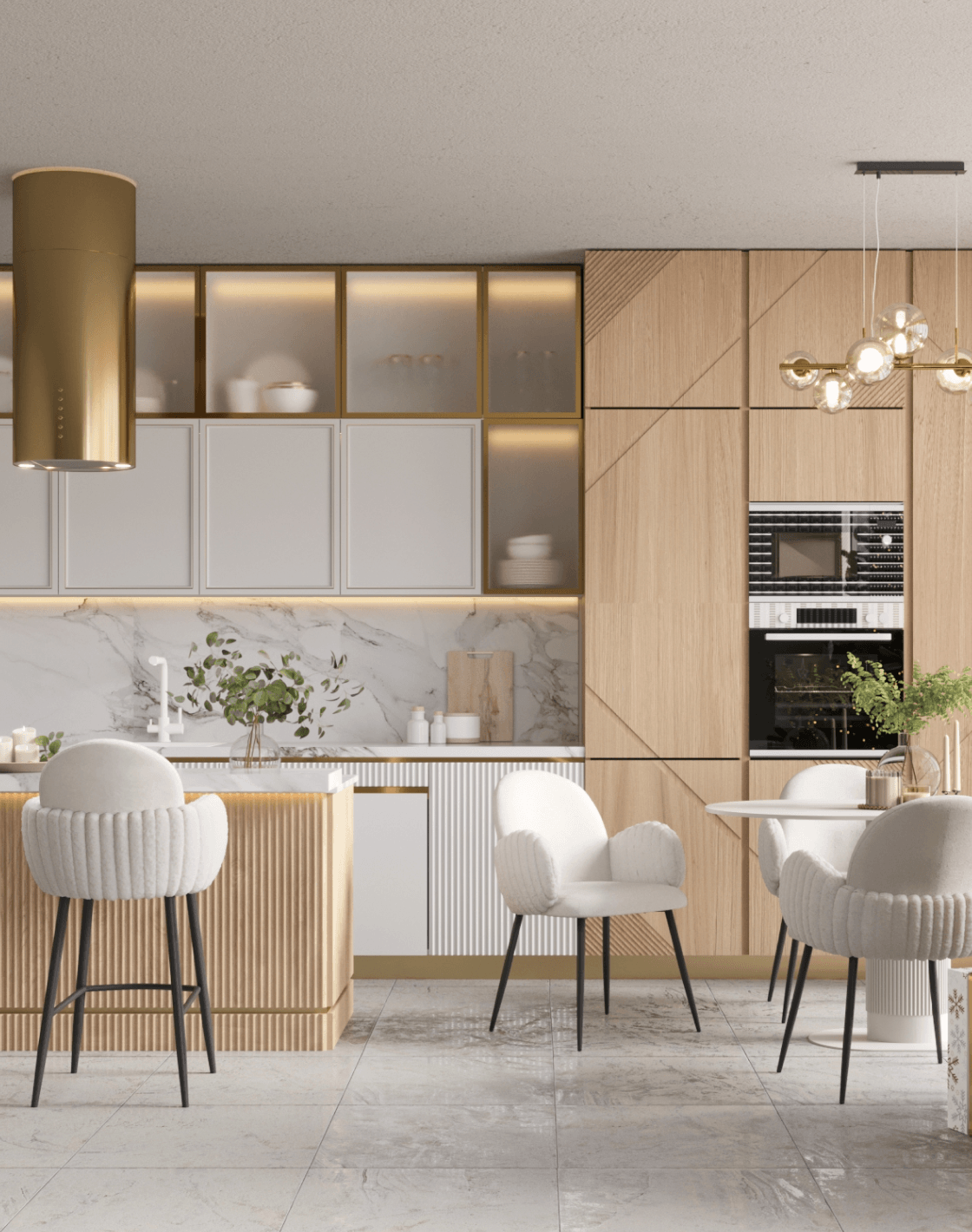 Стол Mystery, Стул Wave Stripes, Светильник подвесной Renny,  Стул полубарный Wave Stripes