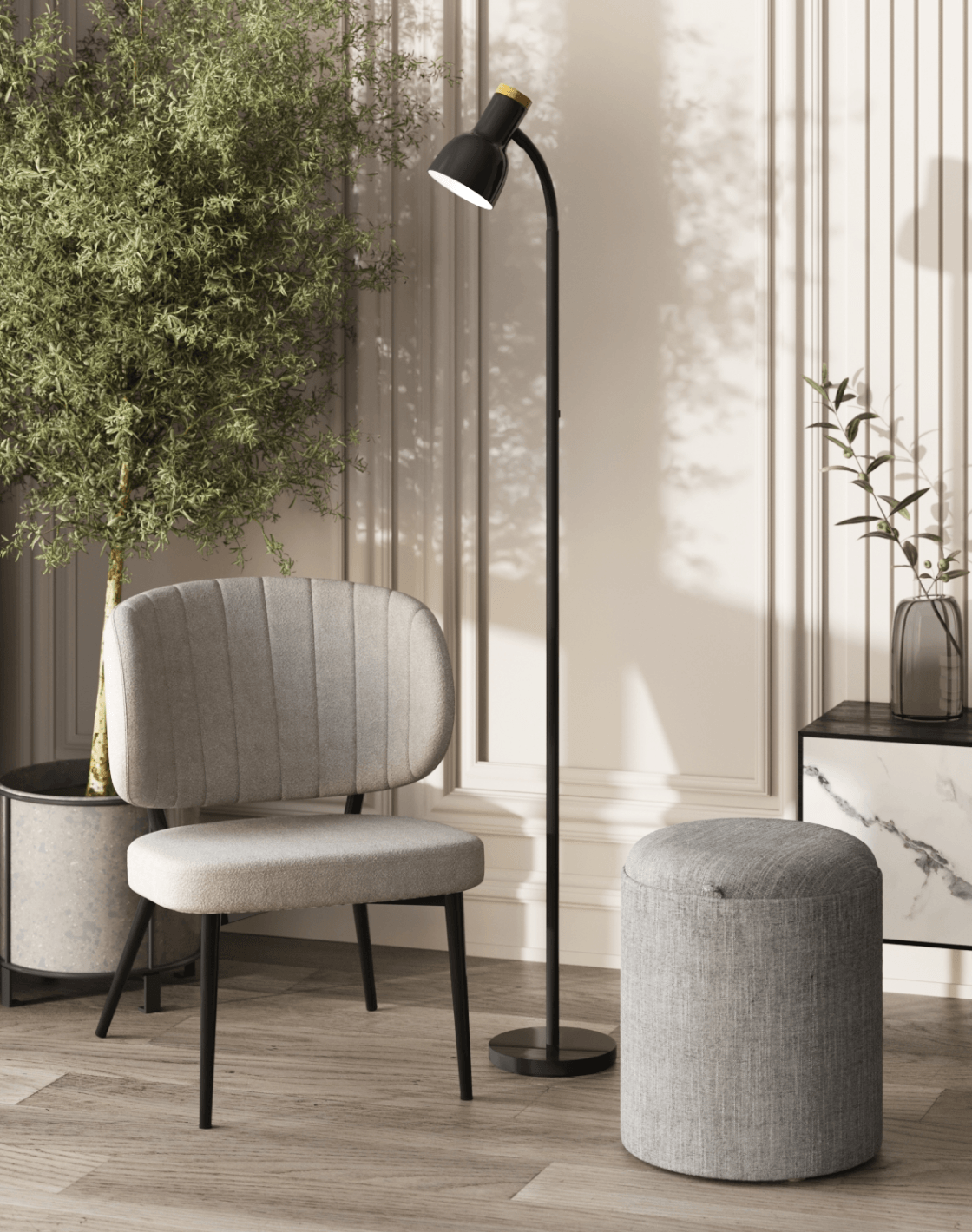 Кресло Руби, Торшер Shades, Пуф-столик Хюгге