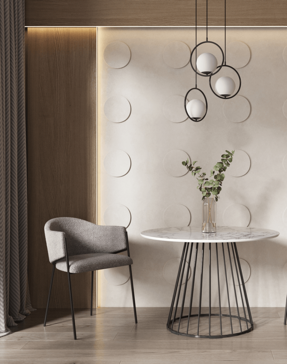 Стул Brace, Стол Ливерпуль, Светильник подвесной Barocco