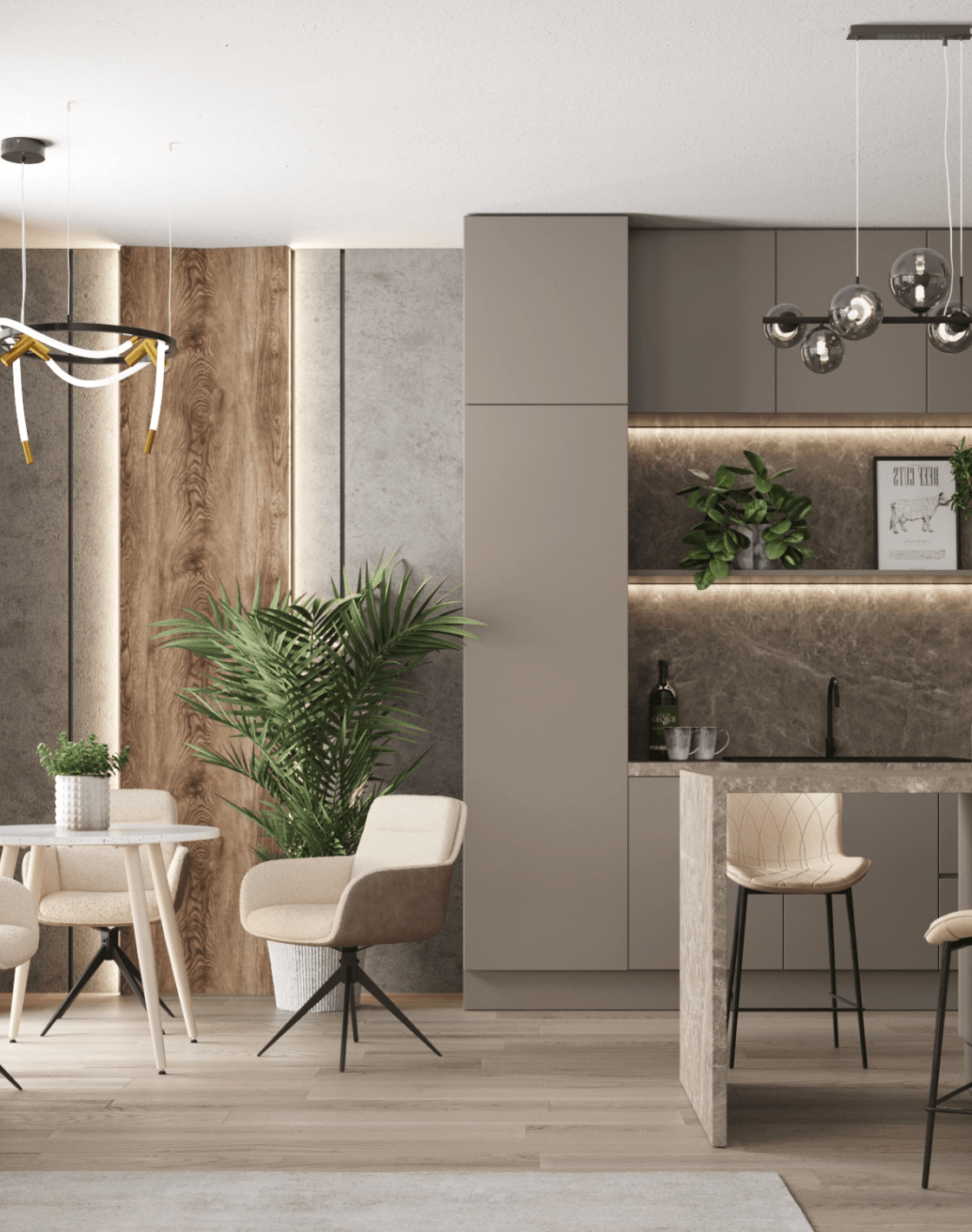 Стул Waldo, Стол Nymphaea, Стул барный Vault, Светильник подвесной True, Светильник подвесной Renny