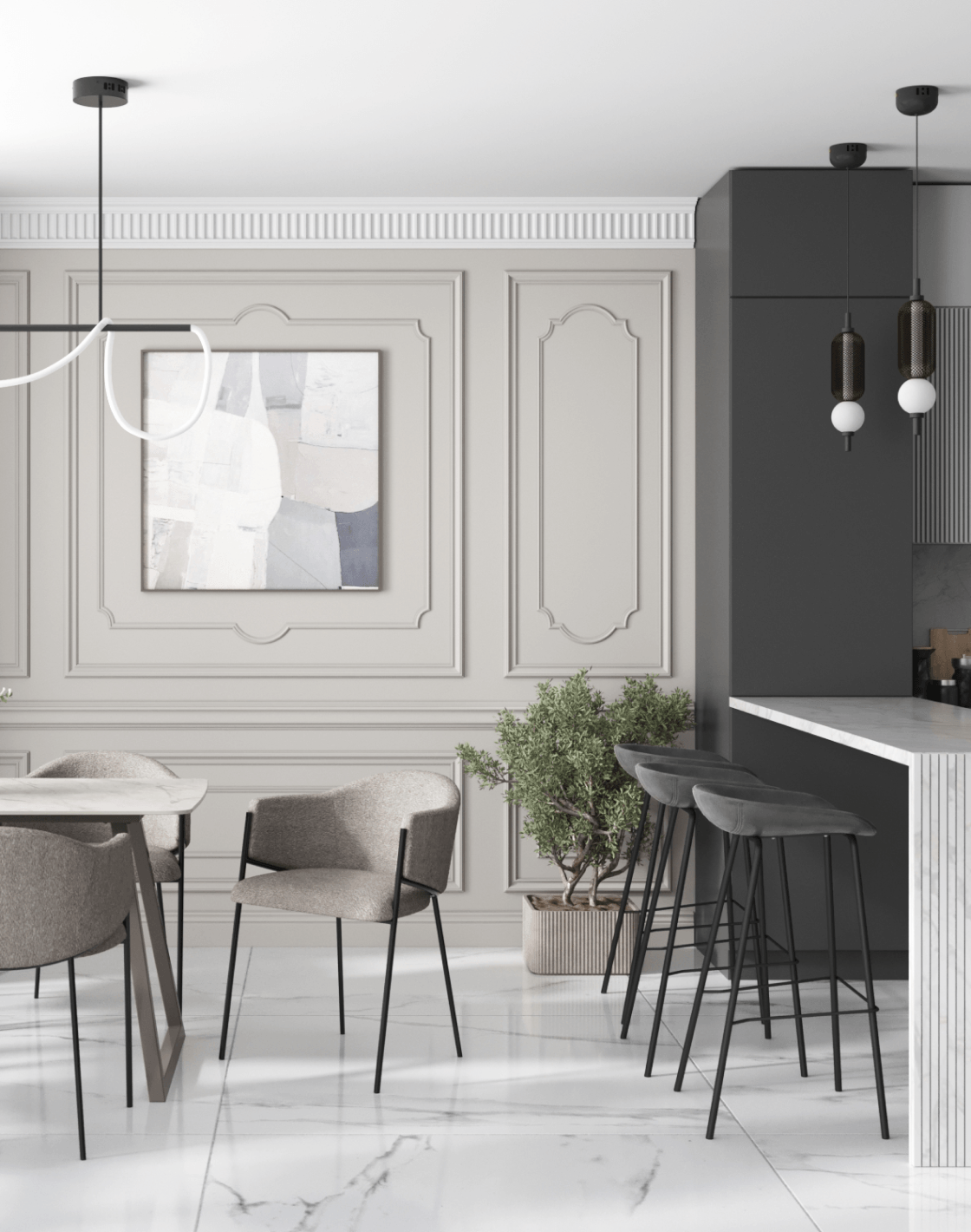 Стул Carmel, Стол Vermont, Стул барный Beetle Lite PU, Светильник подвесной True, Светильник подвесной Lattice