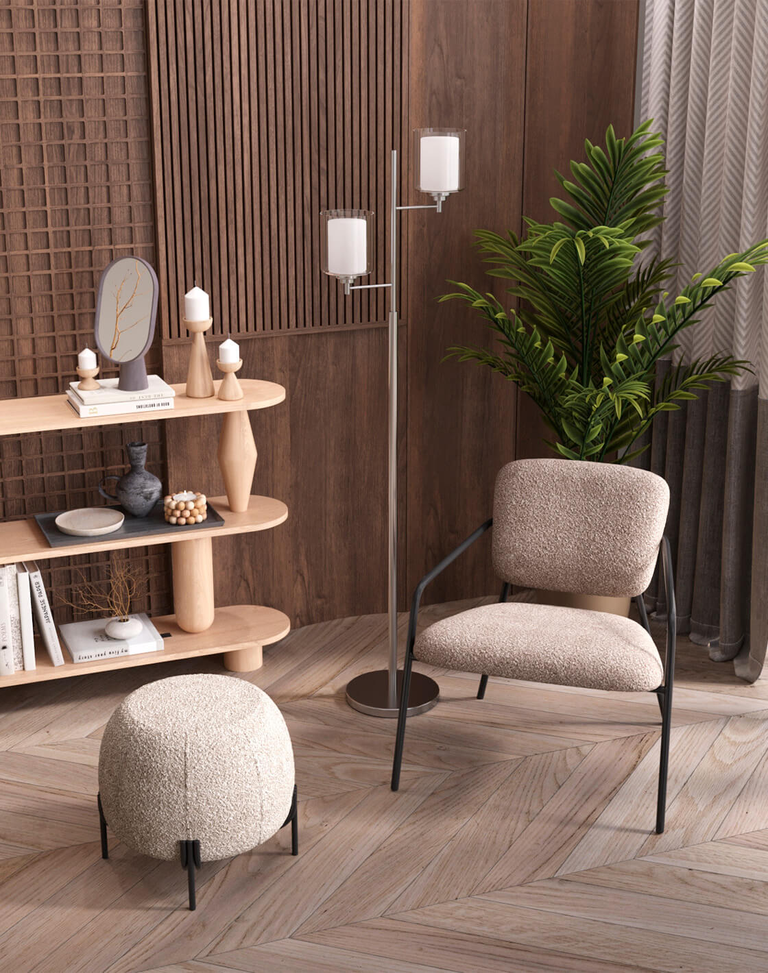 Пуф Флик, Кресло Rooney, Торшер Maximilian