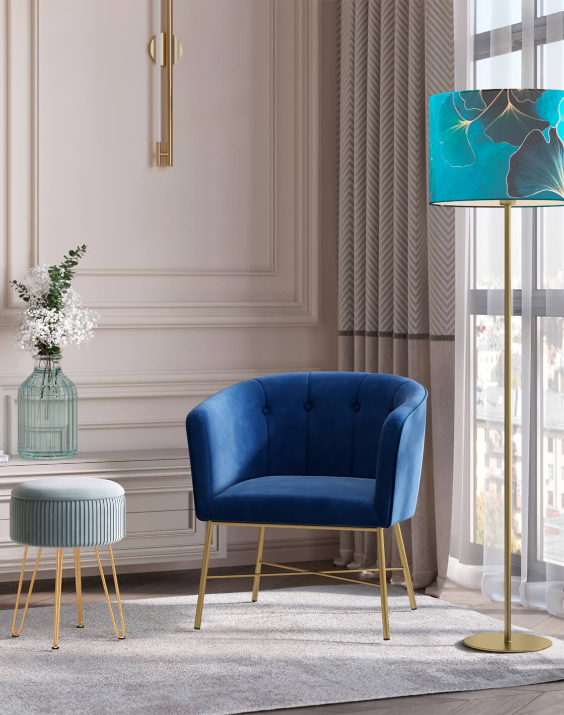 Кресло Шале, Торшер Gingko, Пуф-столик Астор