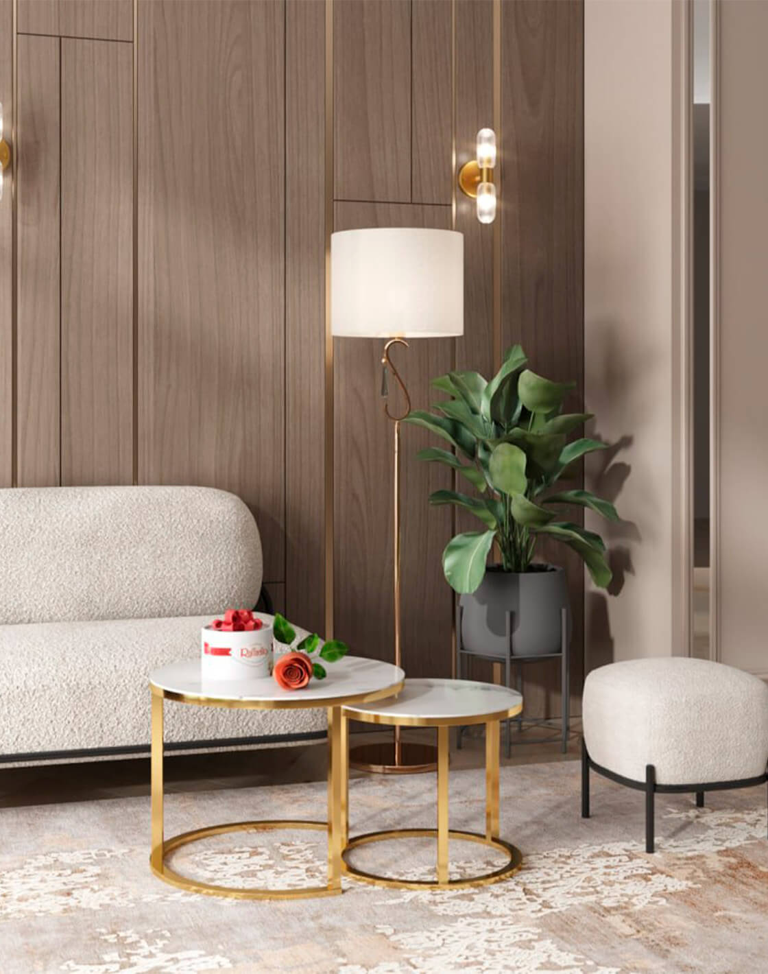 Пуф Стоун, Диван Стоун, Торшер Caramel, Журнальный столик Селена, Светильник настенный Brass