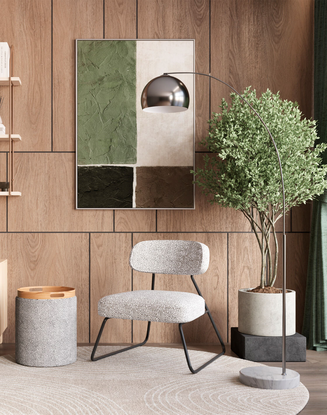 Кресло Kate, Пуф-столик Хюгге, Светильник подвесной Arco