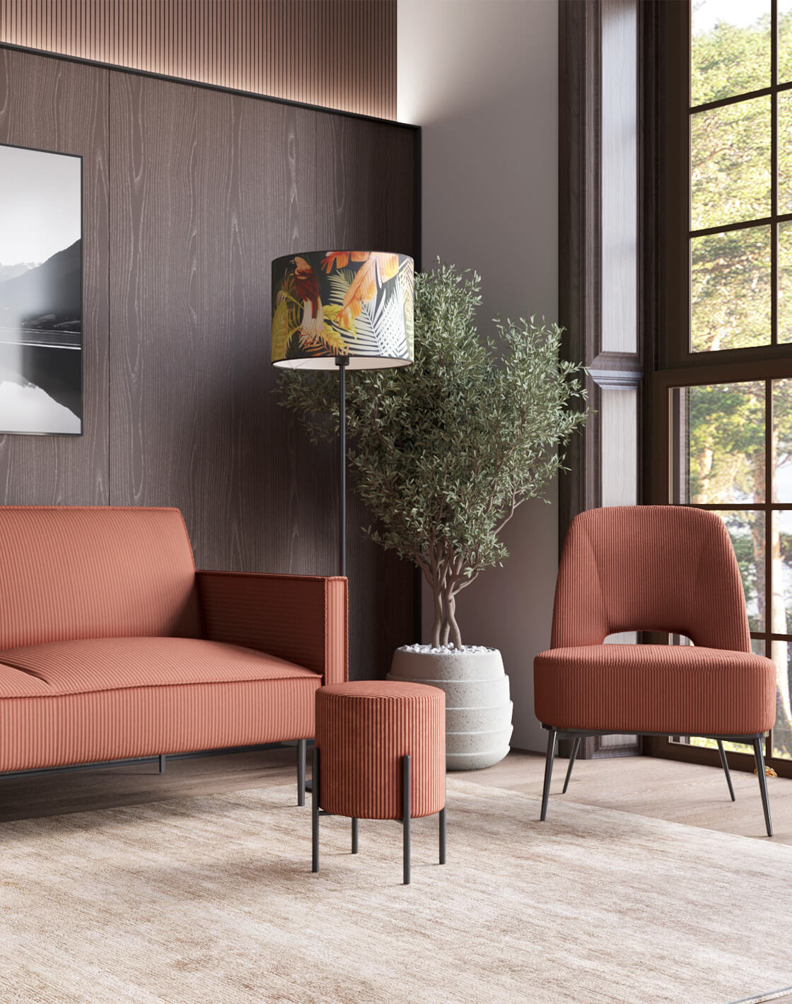 Пуф Кейси, Торшер Tropic, Диван Кассель, Кресло Бостон 