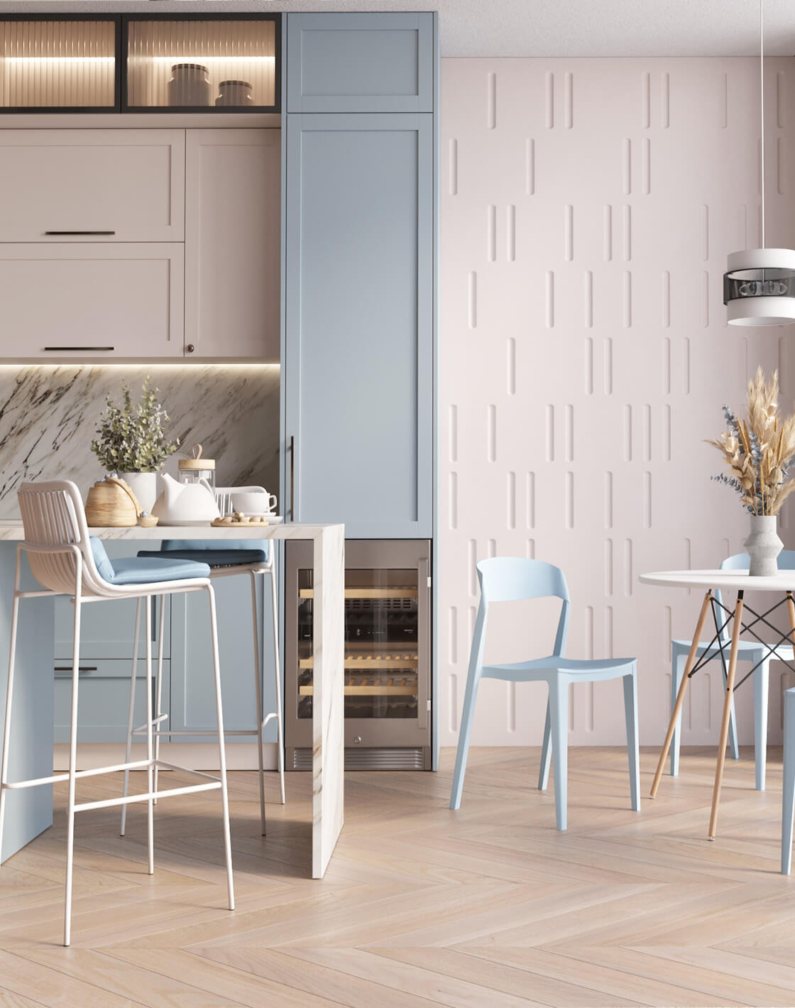 Стул Moris, Стол DSW, Стул барный Louran, Светильник подвесной Gela,