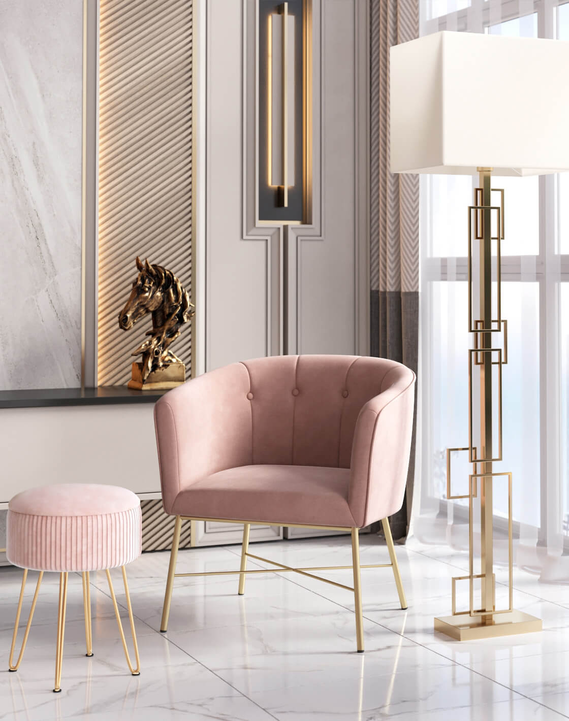  Кресло Шале, Торшер Nemesia, Пуф-столик Астор