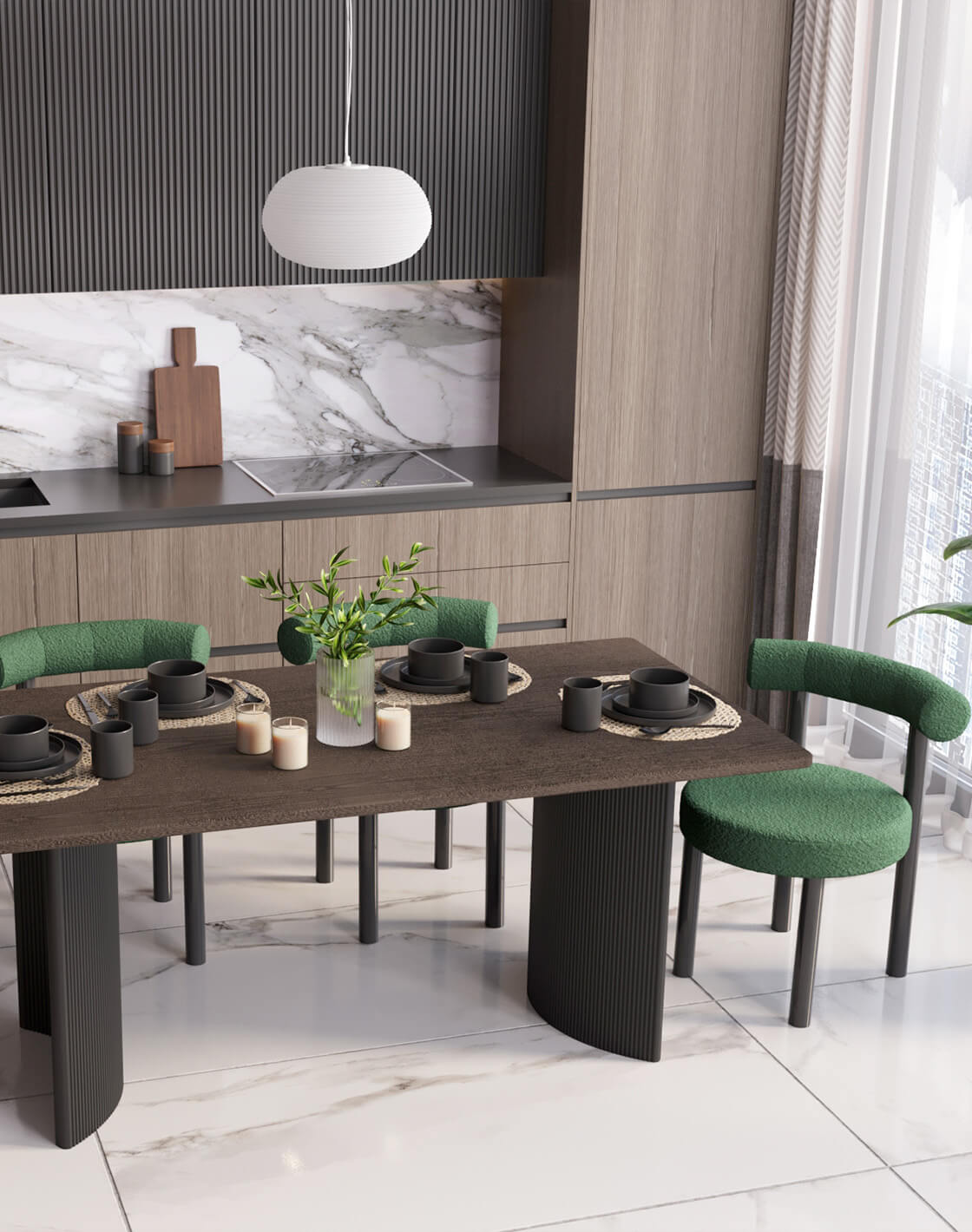 Стул Tomo, Стол Celestia, Светильник подвесной Arden