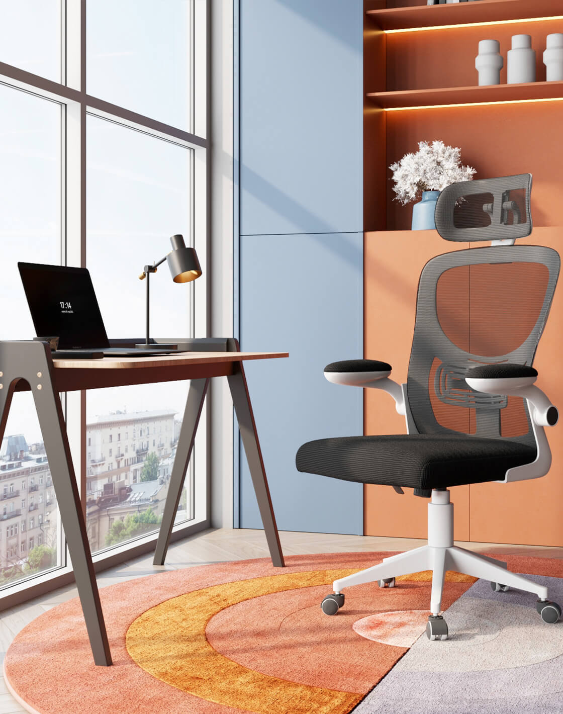 Лампа настольная Artis, Стол письменный Pyramid,Кресло офисное TopChairs Airone