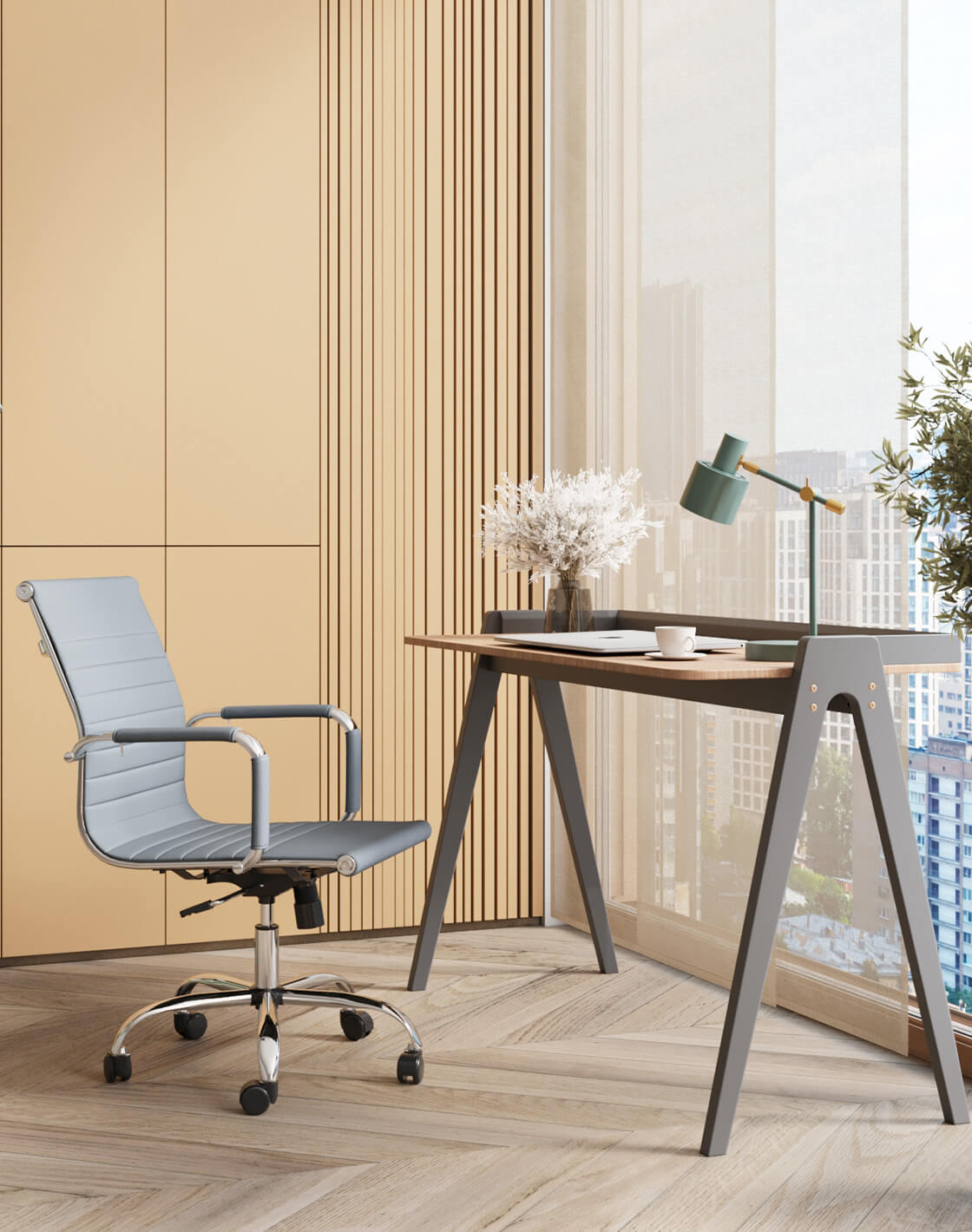 Лампа настольная Artis, Стол письменный Pyramid, Кресло офисное TopChairs City