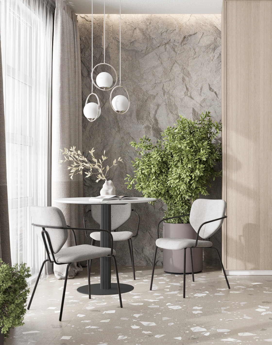 Стол Stem, Стул Masey, Светильник подвесной Barocco 