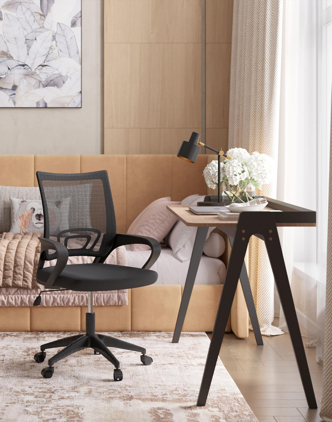 Лампа настольная Artis, Стол письменный Pyramid, Кресло офисное TopChairs Simple SN