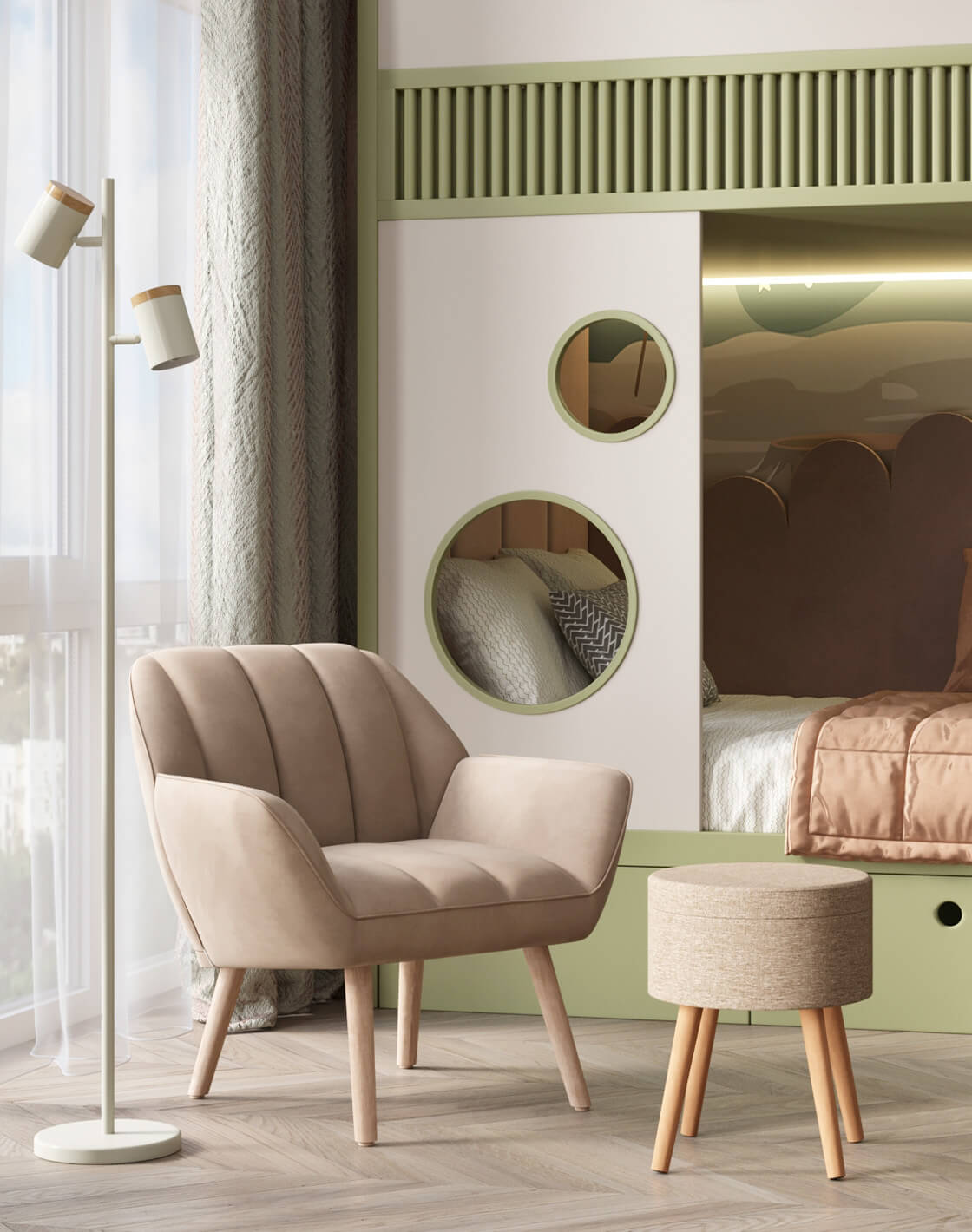 Кресло Руди , Торшер Asheswood, Пуф с ящиком Store Woody 