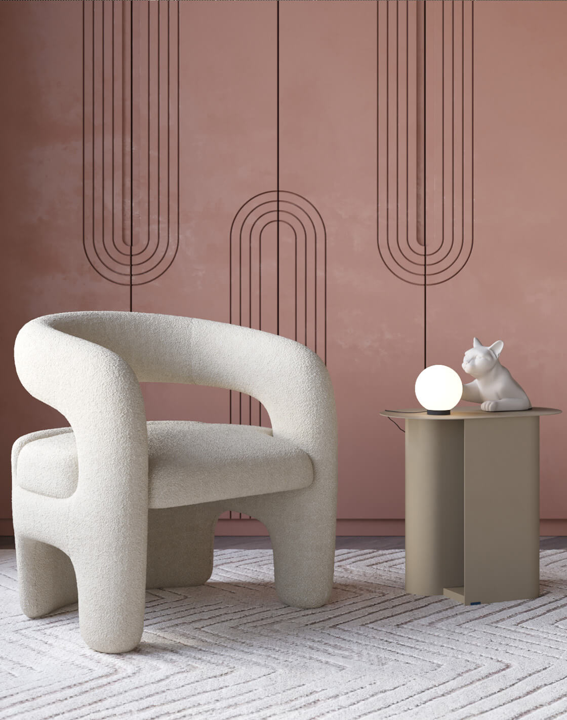 Лампа настольная Monya, Журнальный столик Yvaine, Дизайнерское кресло лаунж Bones