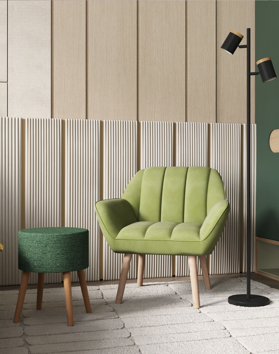 Кресло Руди, Торшер Asheswood, Пуф с ящиком Store Woody