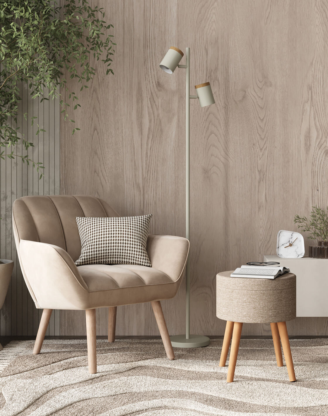 Кресло Руди, Торшер Asheswood, Пуф с ящиком Store Woody 