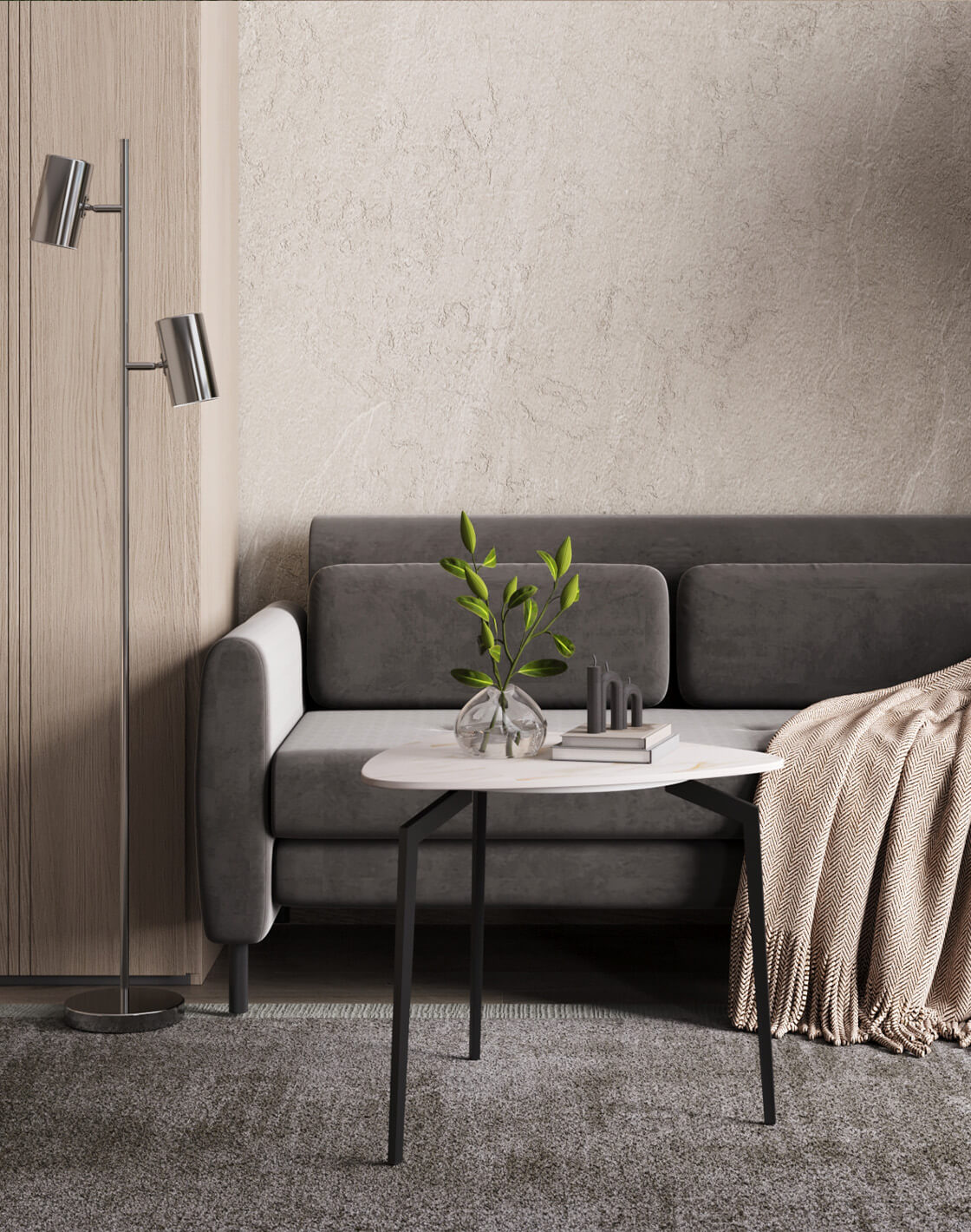 Торшер Ashes, Диван-кровать Барнаби, Журнальный столик Alara