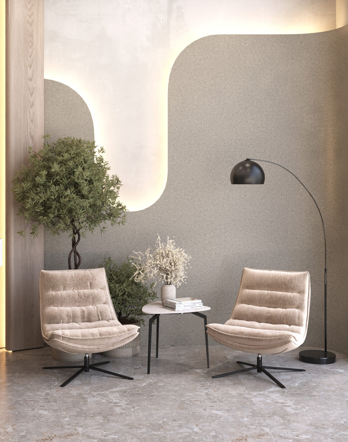 Торшер Arco,Кресло лаунж Lazy,Журнальный столик Alara