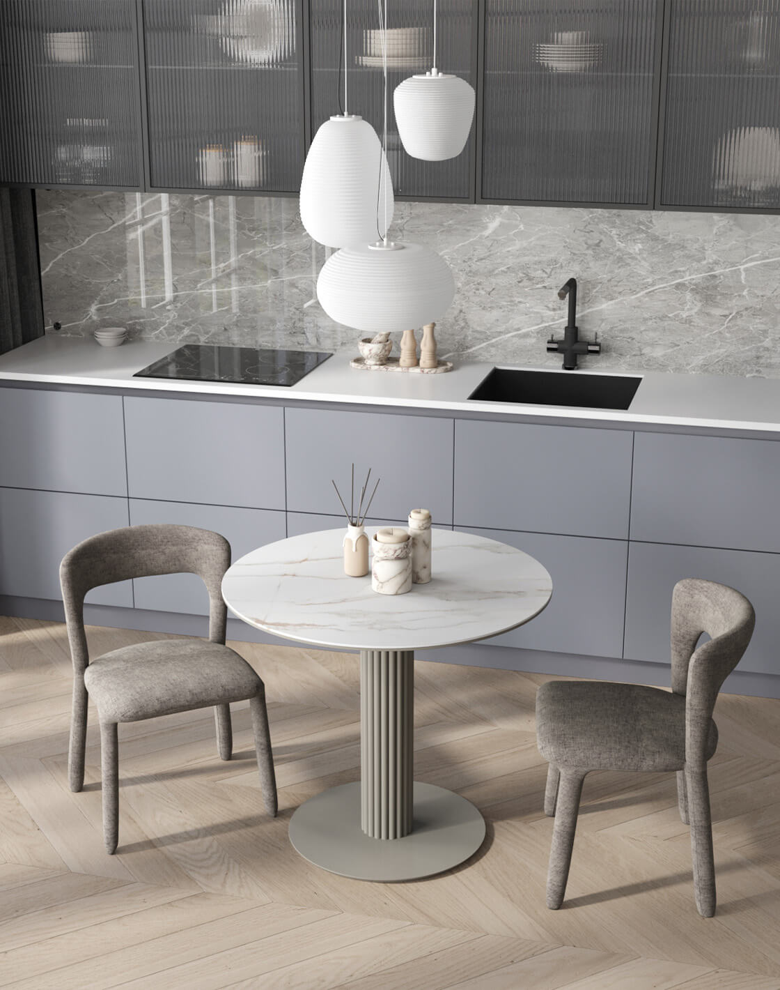 Стул Zuri серый,Стол Терралино, Светильник подвесной Arden