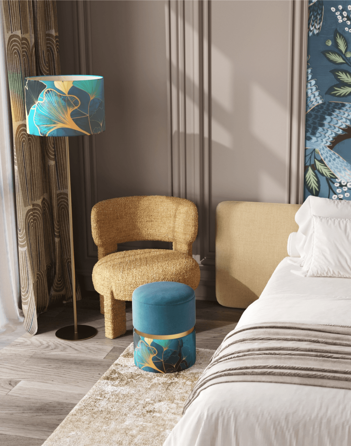 Пуф Кэрри,Кресло Fani, Торшер Gingko