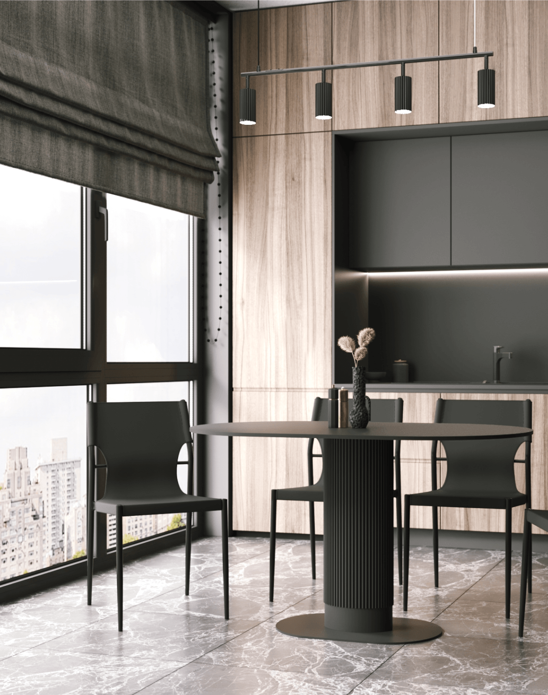 Стул West, Стол Mystery, Светильник подвесной Cora